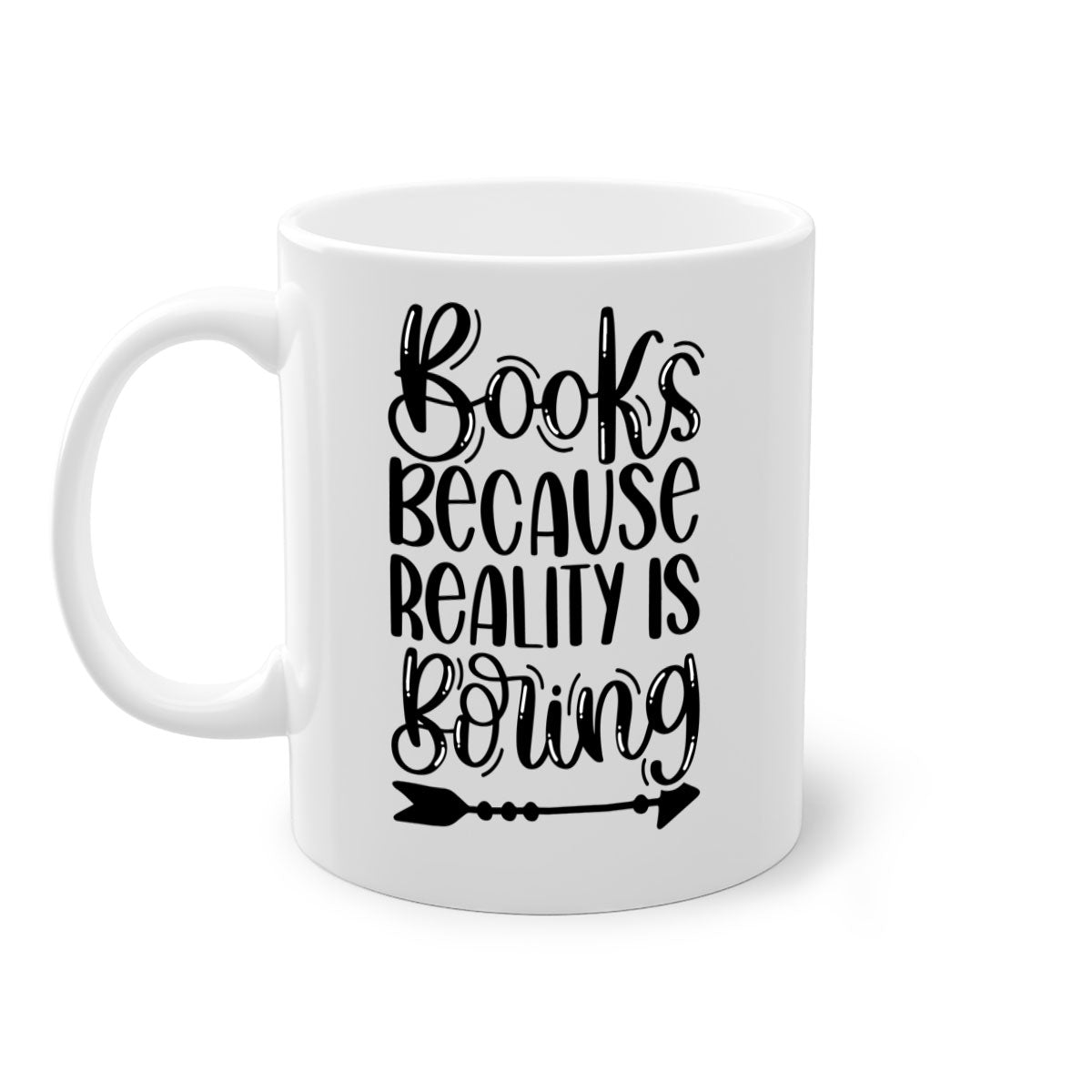 A stylish two-tone ceramic mug with the phrase 'Books Because Reality is Boring', featuring a colored handle and glossy finish.