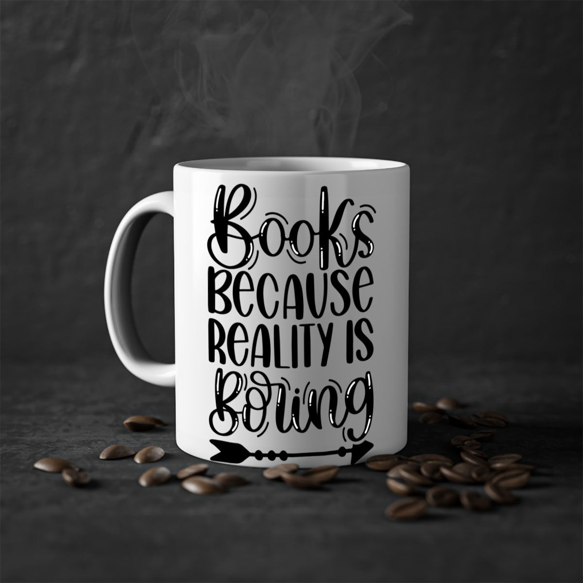 A stylish two-tone ceramic mug with the phrase 'Books Because Reality is Boring', featuring a colored handle and glossy finish.