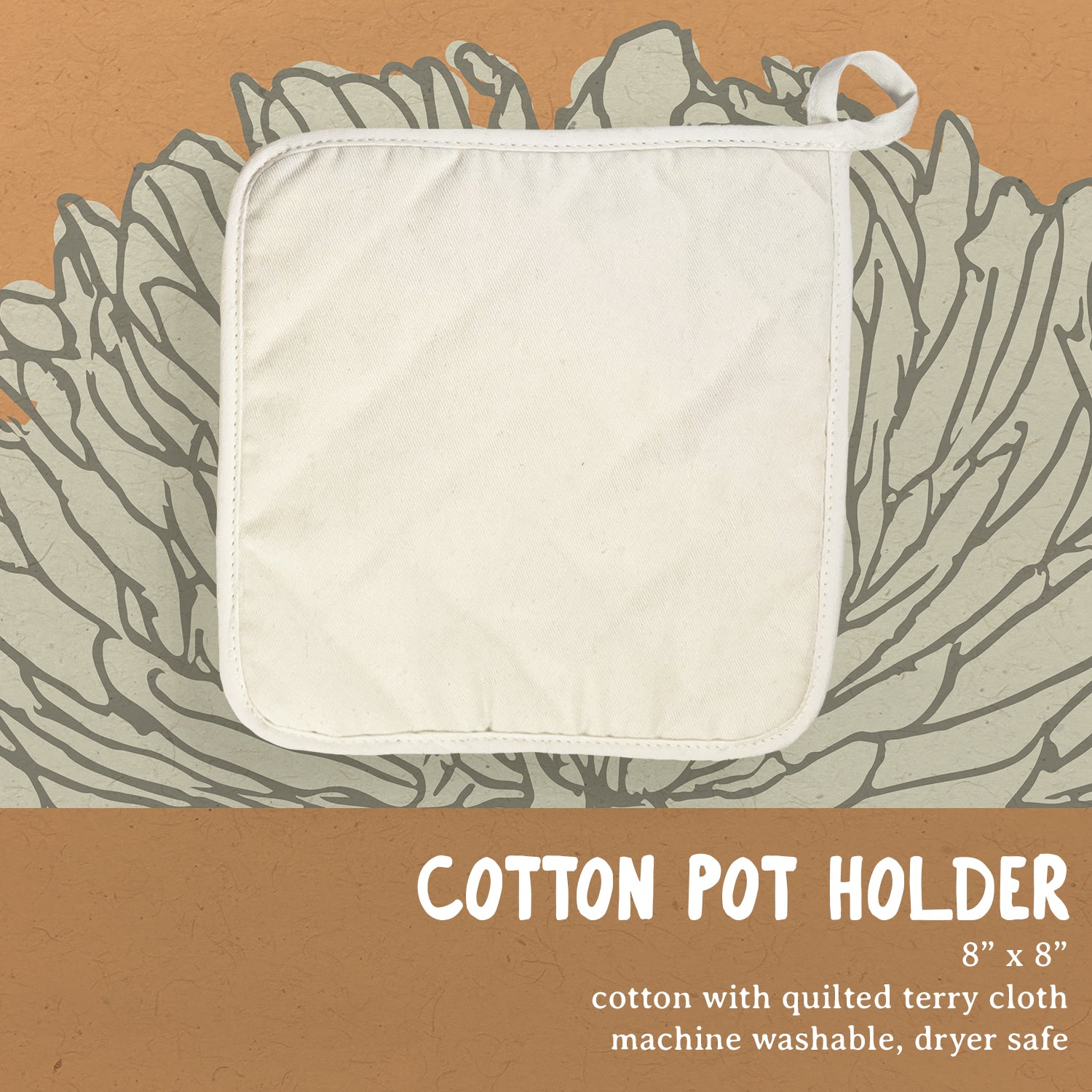 Bon Appetit Cotton Pot Holder featuring vibrant designs and a convenient hanging loop, made from durable cotton and terry cloth.