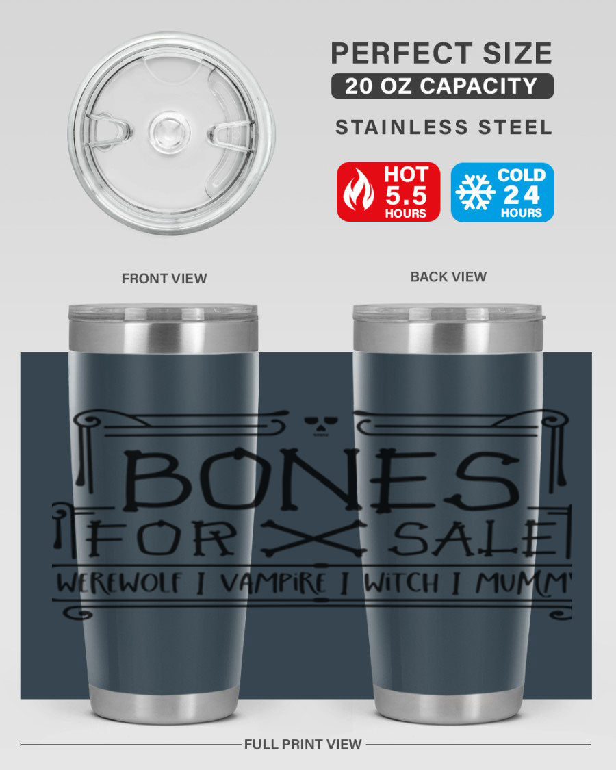 Bones for Sale 89# Halloween Tumbler featuring a spooky design, double wall vacuum stainless steel construction, and a drink-thru lid.