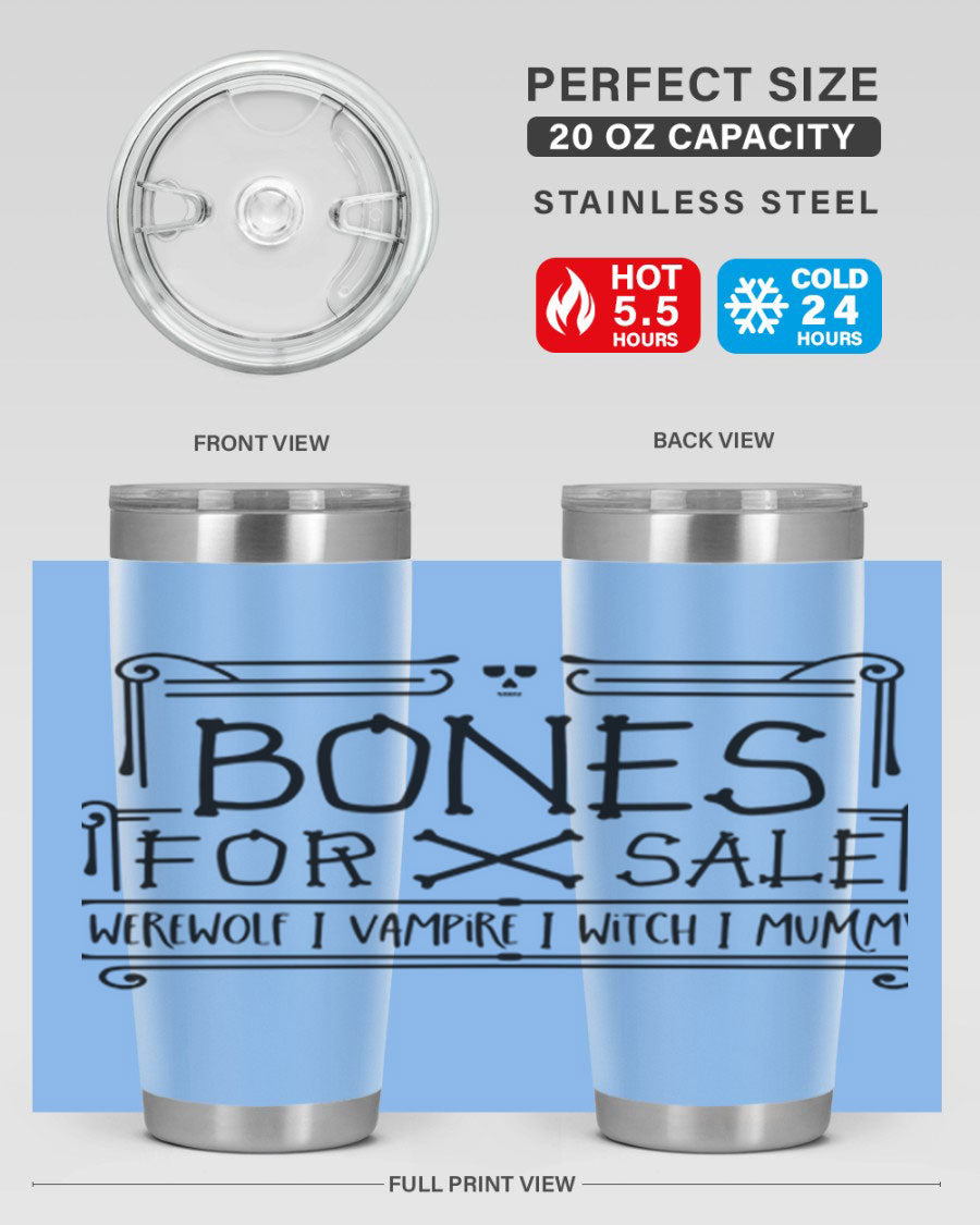 Bones for Sale 89# Halloween Tumbler featuring a spooky design, double wall vacuum stainless steel construction, and a drink-thru lid.