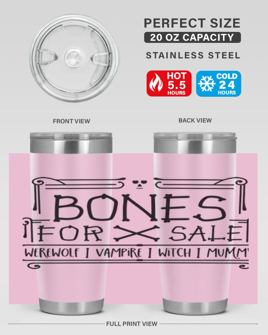 Bones for Sale 89# Halloween Tumbler featuring a spooky design, double wall vacuum stainless steel construction, and a drink-thru lid.