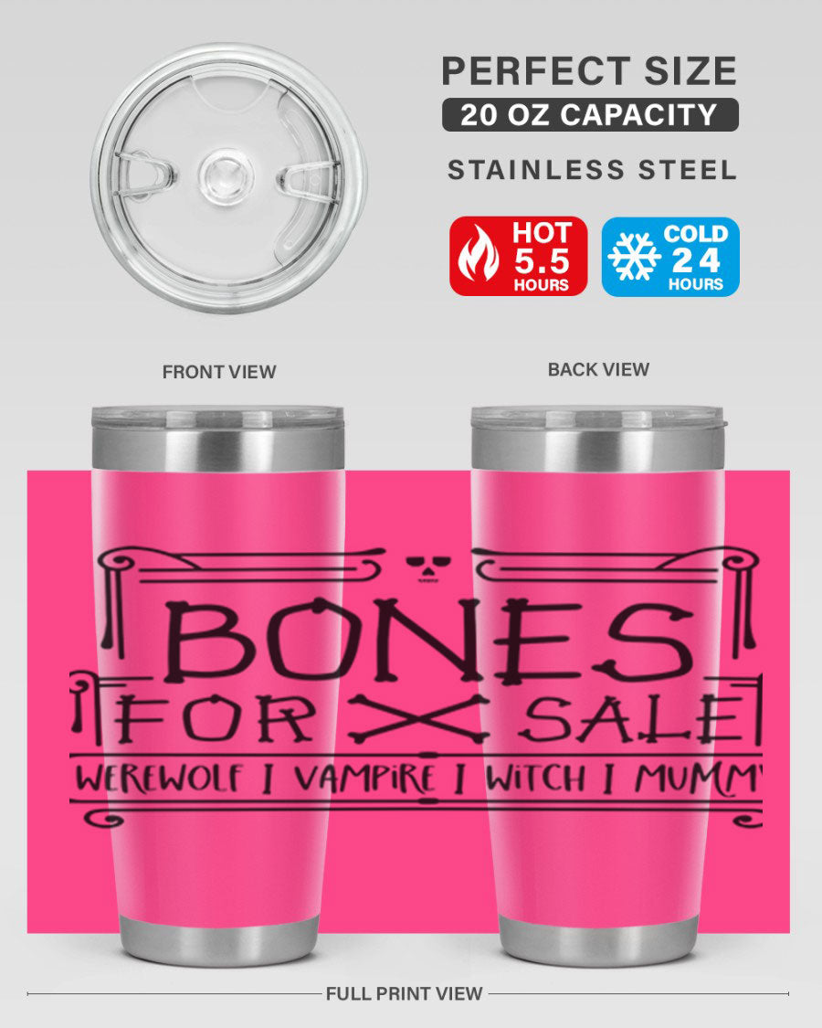 Bones for Sale 89# Halloween Tumbler featuring a spooky design, double wall vacuum stainless steel construction, and a drink-thru lid.