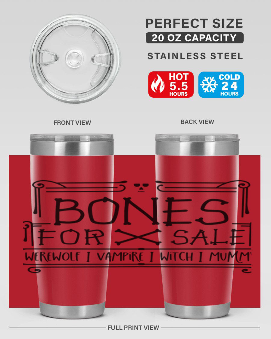 Bones for Sale 89# Halloween Tumbler featuring a spooky design, double wall vacuum stainless steel construction, and a drink-thru lid.