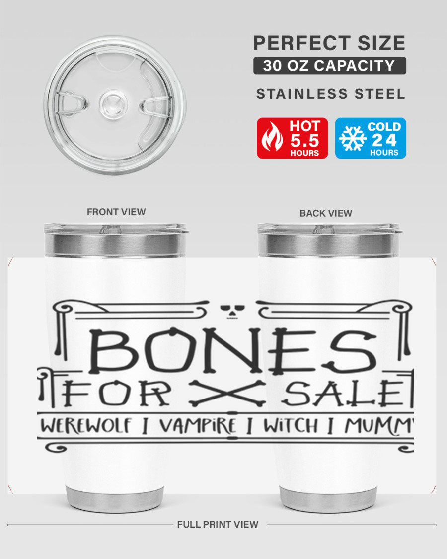 Bones for Sale 89# Halloween Tumbler featuring a spooky design, double wall vacuum stainless steel construction, and a drink-thru lid.