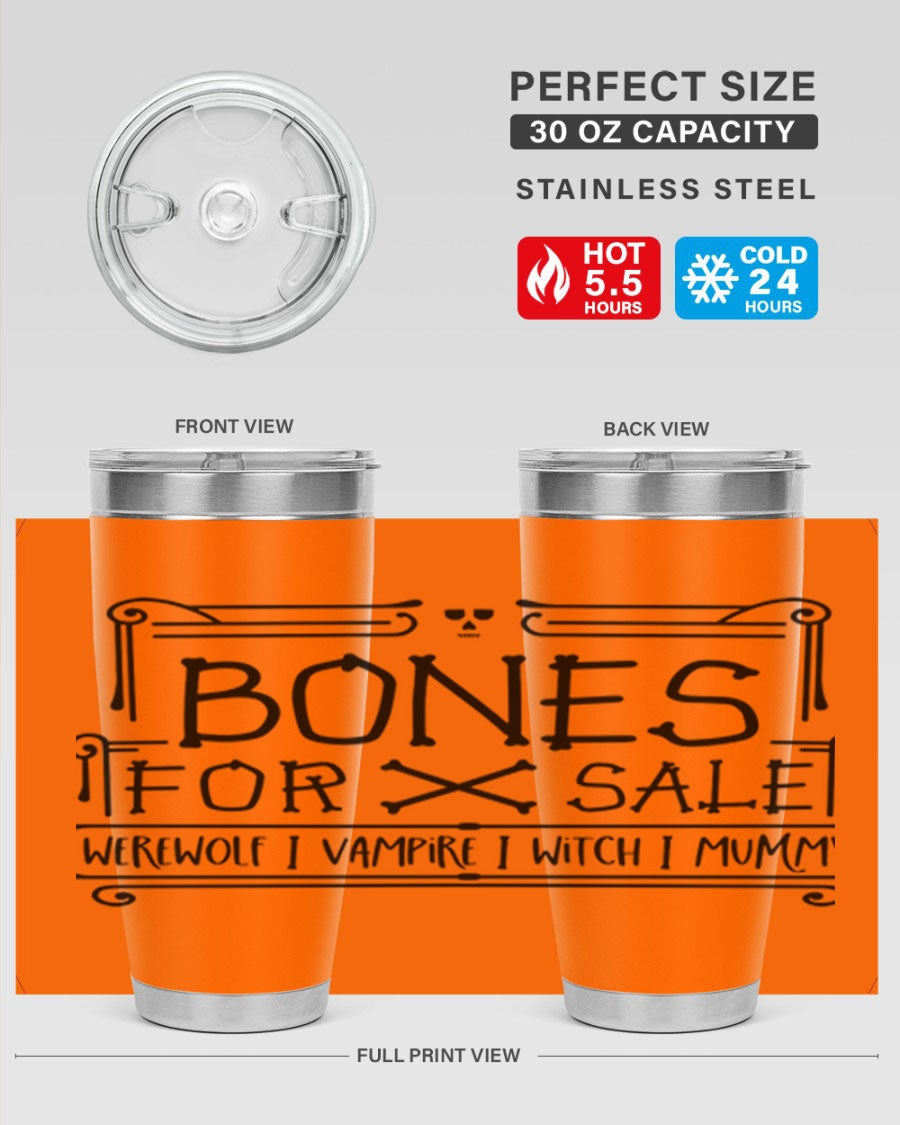 Bones for Sale 89# Halloween Tumbler featuring a spooky design, double wall vacuum stainless steel construction, and a drink-thru lid.