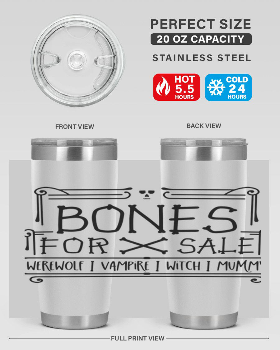 Bones for Sale 89# Halloween Tumbler featuring a spooky design, double wall vacuum stainless steel construction, and a drink-thru lid.