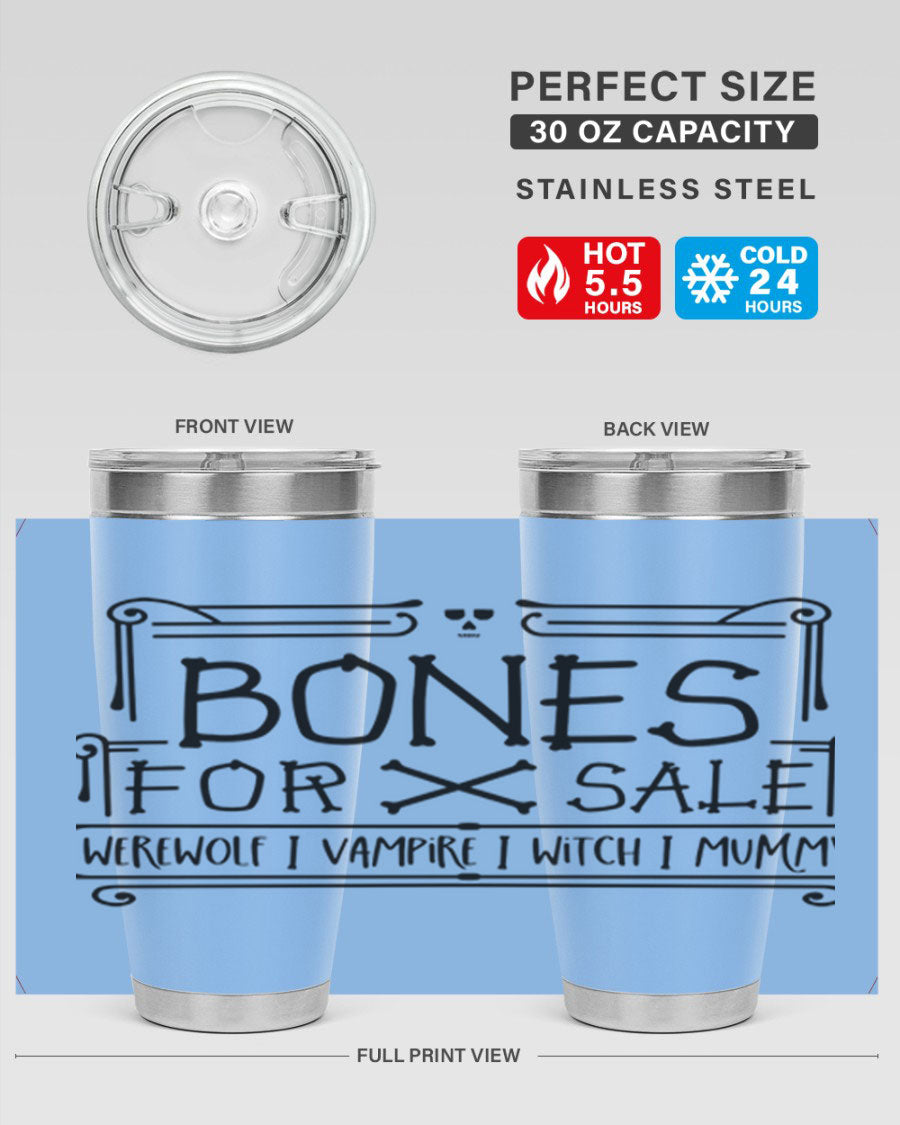 Bones for Sale 89# Halloween Tumbler featuring a spooky design, double wall vacuum stainless steel construction, and a drink-thru lid.