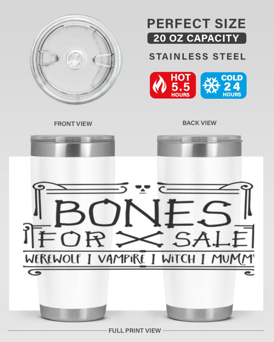 Bones for Sale 89# Halloween Tumbler featuring a spooky design, double wall vacuum stainless steel construction, and a drink-thru lid.