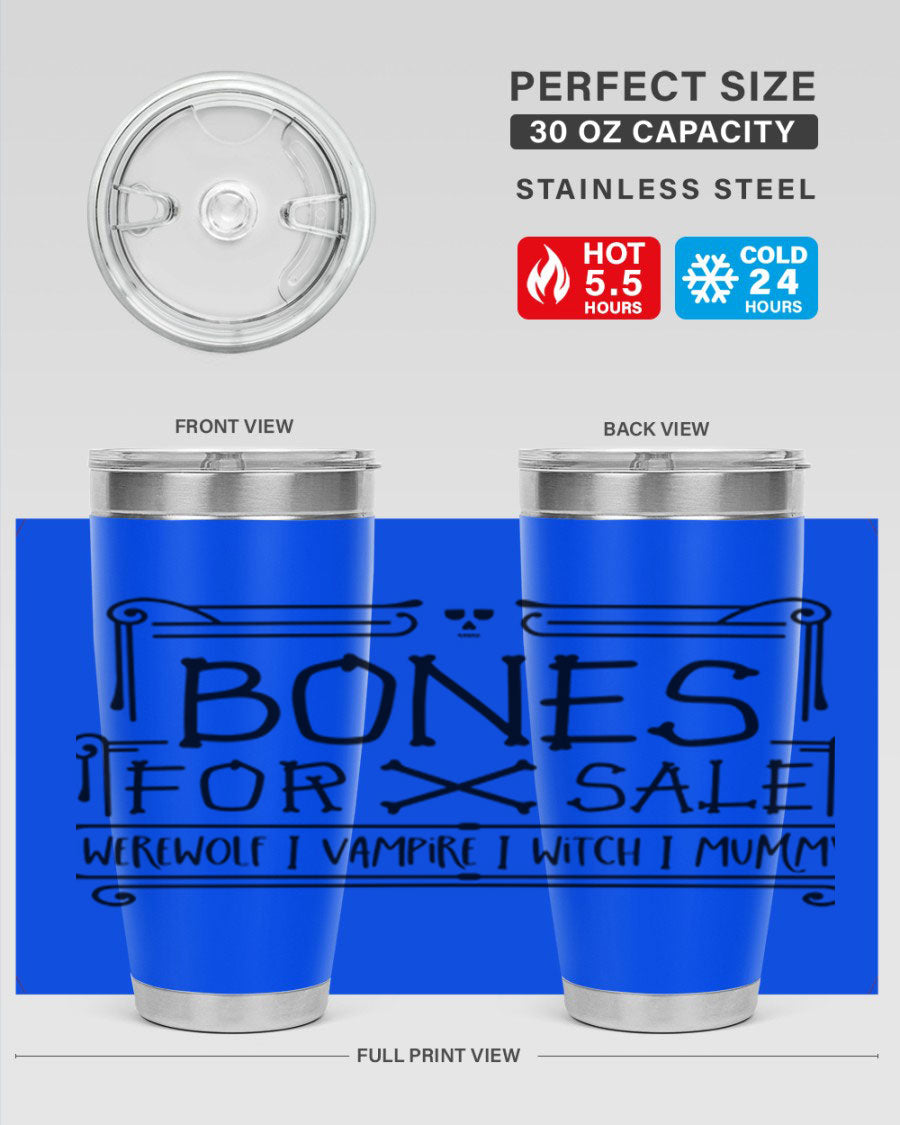 Bones for Sale 89# Halloween Tumbler featuring a spooky design, double wall vacuum stainless steel construction, and a drink-thru lid.