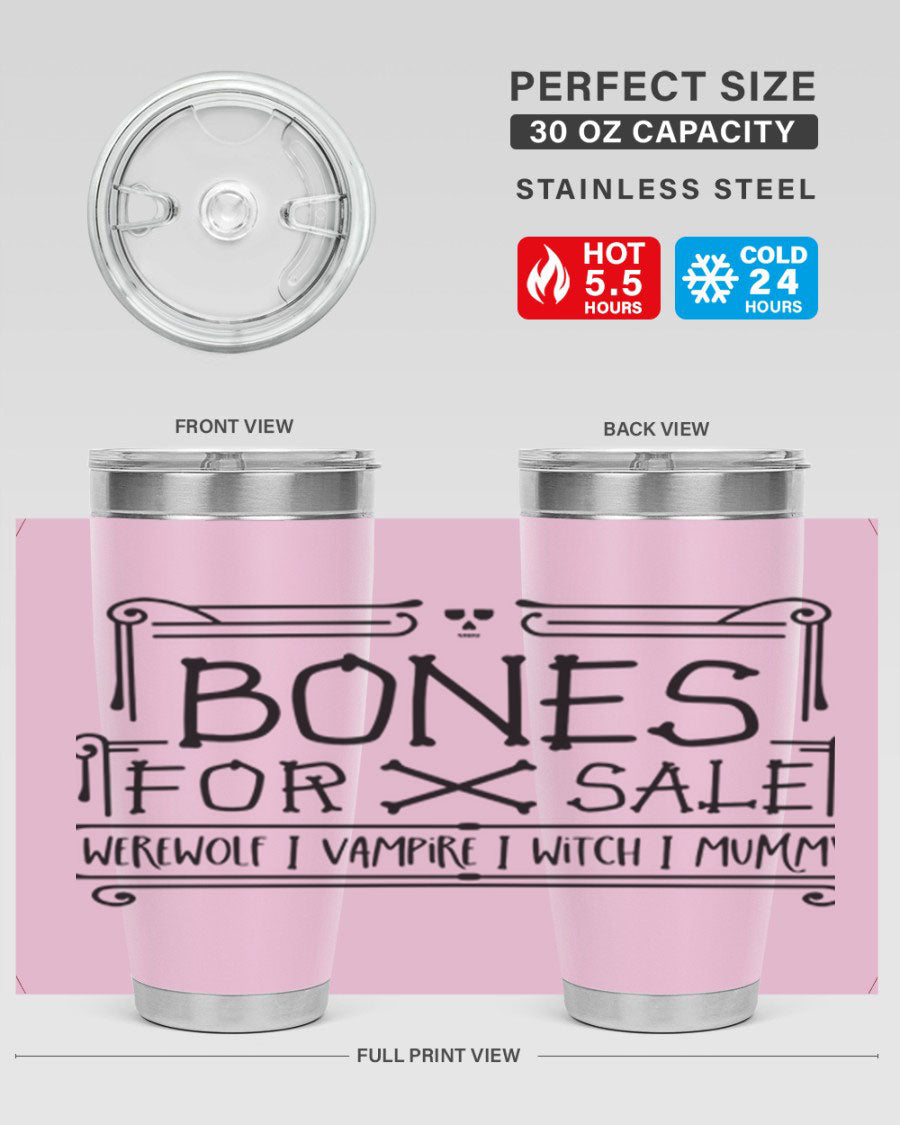 Bones for Sale 89# Halloween Tumbler featuring a spooky design, double wall vacuum stainless steel construction, and a drink-thru lid.