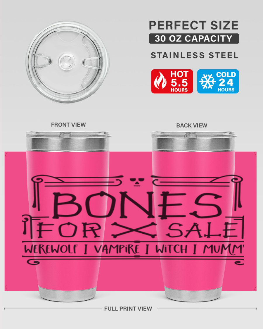 Bones for Sale 89# Halloween Tumbler featuring a spooky design, double wall vacuum stainless steel construction, and a drink-thru lid.