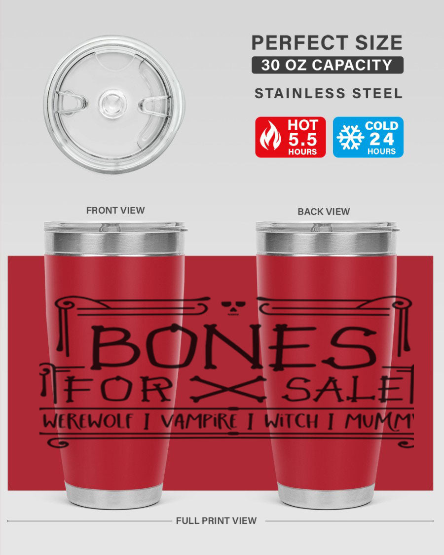 Bones for Sale 89# Halloween Tumbler featuring a spooky design, double wall vacuum stainless steel construction, and a drink-thru lid.