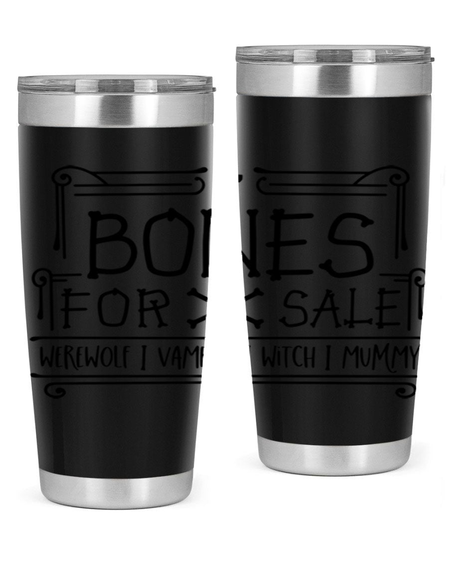 Bones for Sale 89# Halloween Tumbler featuring a spooky design, double wall vacuum stainless steel construction, and a drink-thru lid.