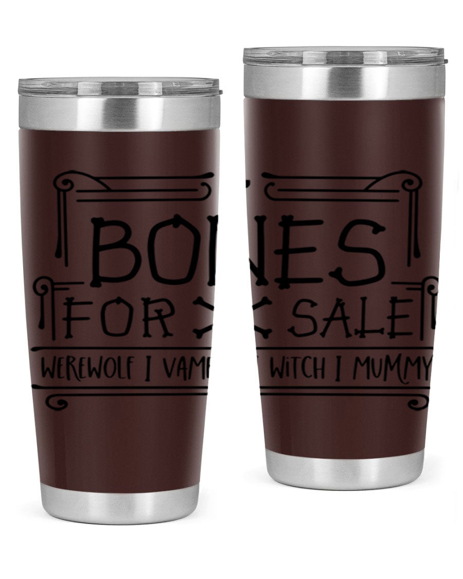 Bones for Sale 89# Halloween Tumbler featuring a spooky design, double wall vacuum stainless steel construction, and a drink-thru lid.