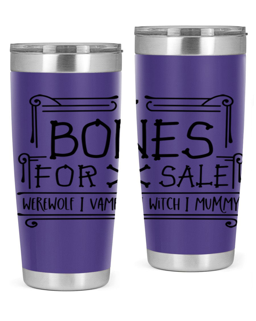 Bones for Sale 89# Halloween Tumbler featuring a spooky design, double wall vacuum stainless steel construction, and a drink-thru lid.