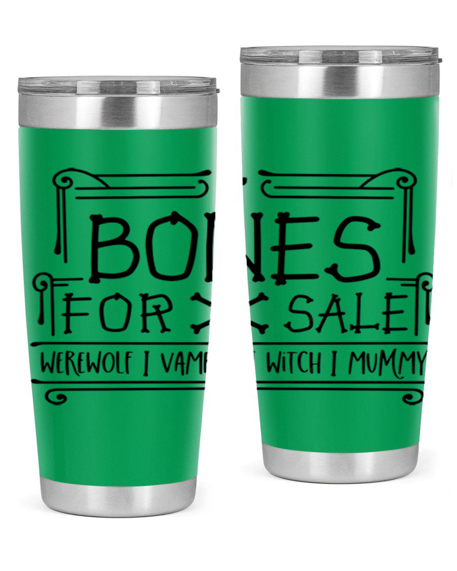 Bones for Sale 89# Halloween Tumbler featuring a spooky design, double wall vacuum stainless steel construction, and a drink-thru lid.