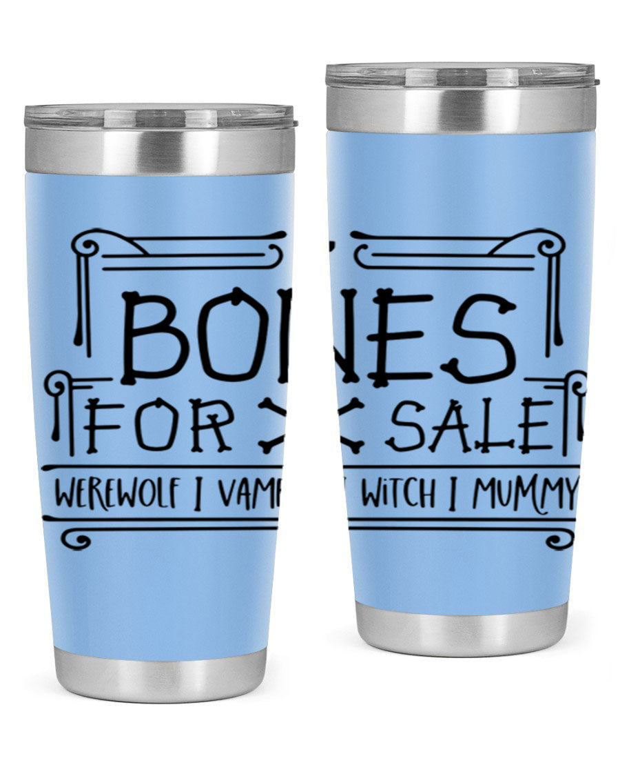 Bones for Sale 89# Halloween Tumbler featuring a spooky design, double wall vacuum stainless steel construction, and a drink-thru lid.