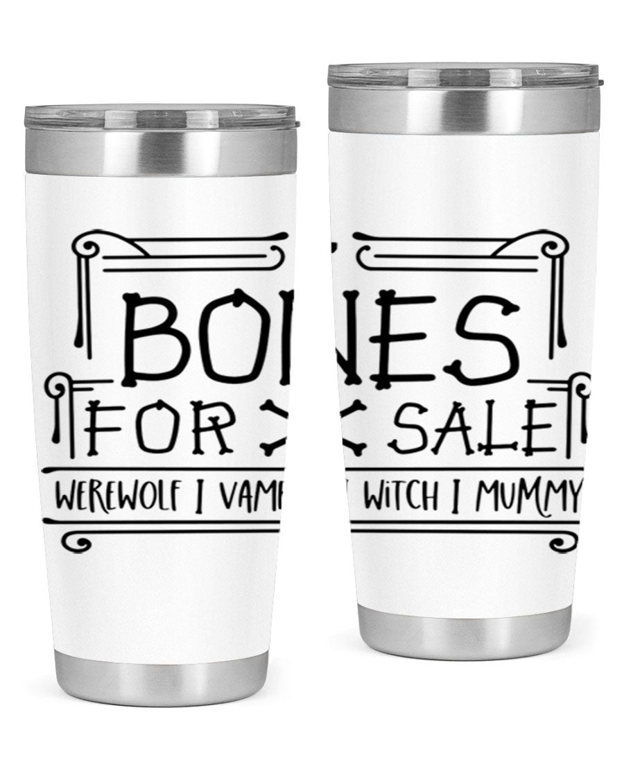 Bones for Sale 89# Halloween Tumbler featuring a spooky design, double wall vacuum stainless steel construction, and a drink-thru lid.