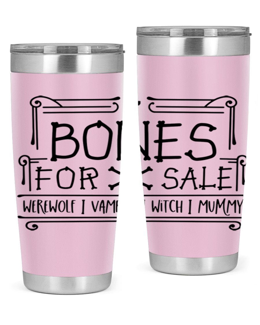 Bones for Sale 89# Halloween Tumbler featuring a spooky design, double wall vacuum stainless steel construction, and a drink-thru lid.