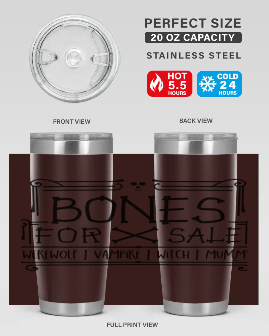 Bones for Sale 89# Halloween Tumbler featuring a spooky design, double wall vacuum stainless steel construction, and a drink-thru lid.