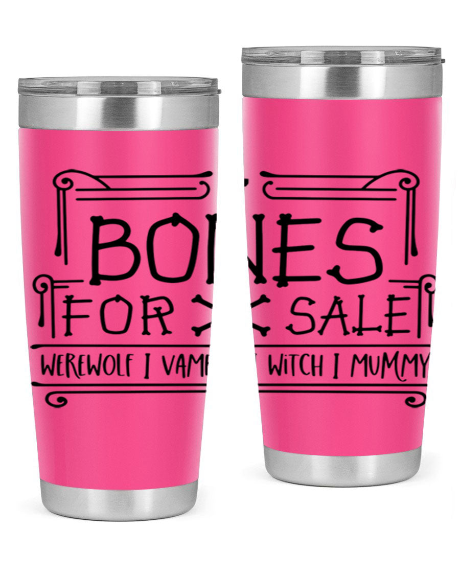 Bones for Sale 89# Halloween Tumbler featuring a spooky design, double wall vacuum stainless steel construction, and a drink-thru lid.