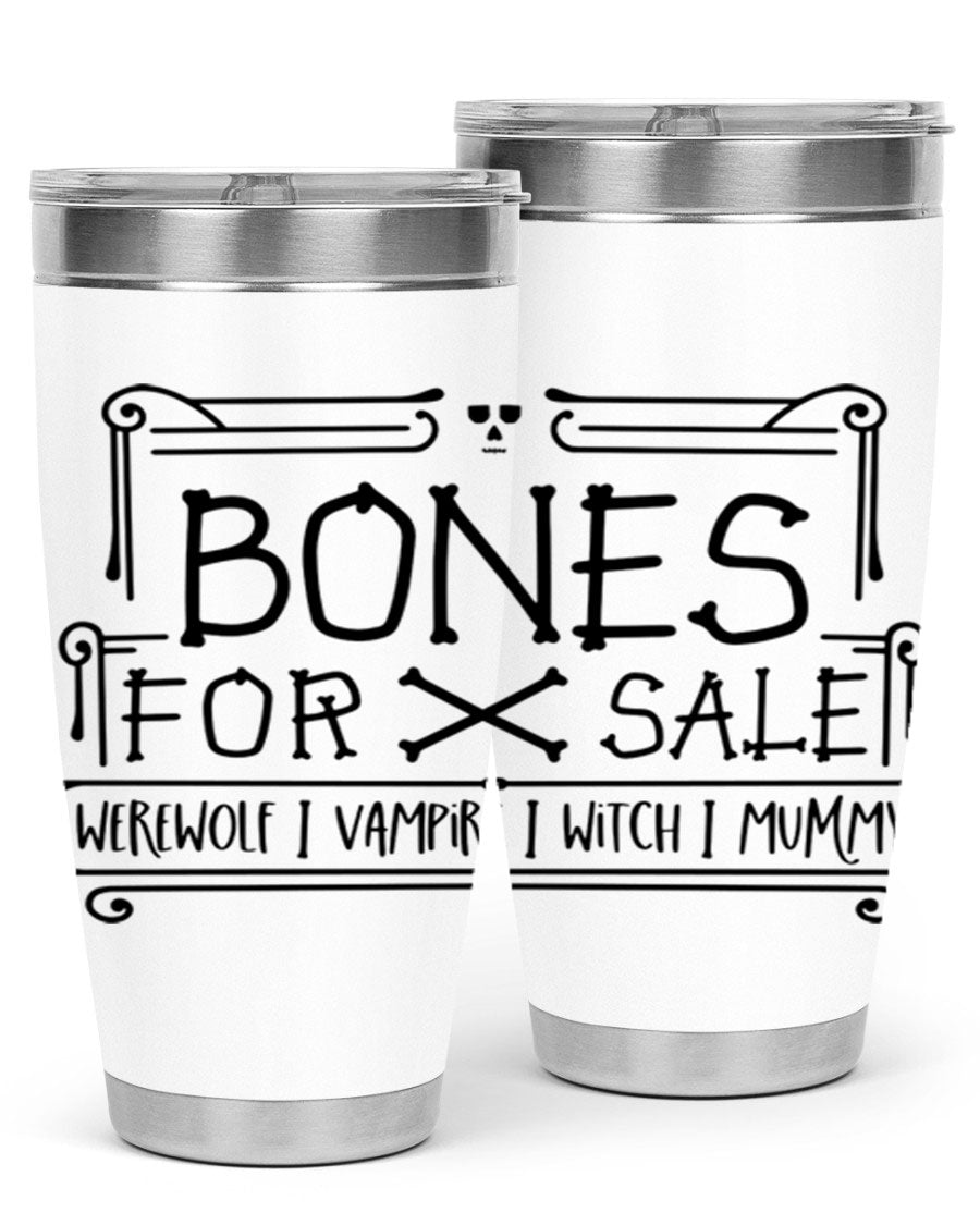 Bones for Sale 89# Halloween Tumbler featuring a spooky design, double wall vacuum stainless steel construction, and a drink-thru lid.