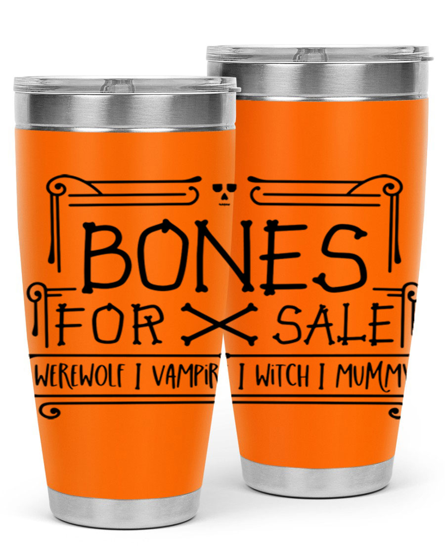 Bones for Sale 89# Halloween Tumbler featuring a spooky design, double wall vacuum stainless steel construction, and a drink-thru lid.