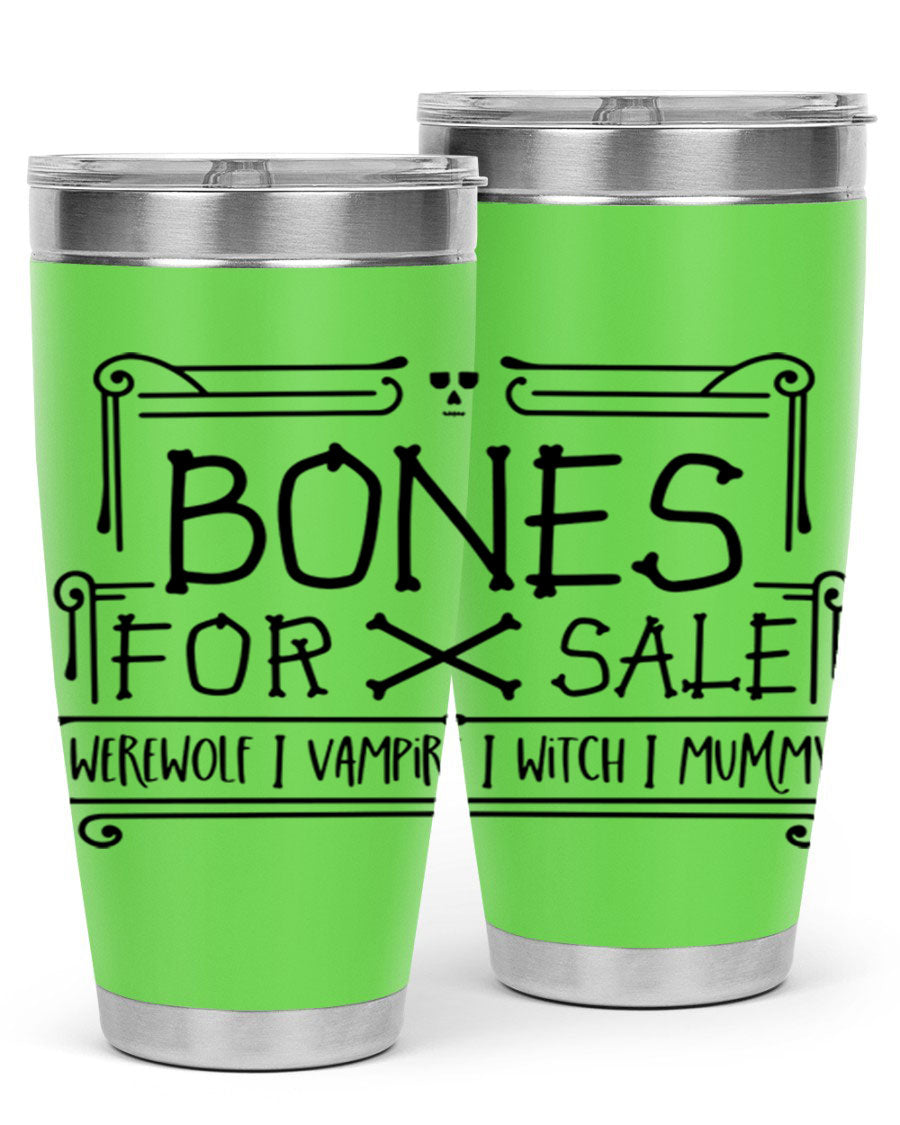 Bones for Sale 89# Halloween Tumbler featuring a spooky design, double wall vacuum stainless steel construction, and a drink-thru lid.