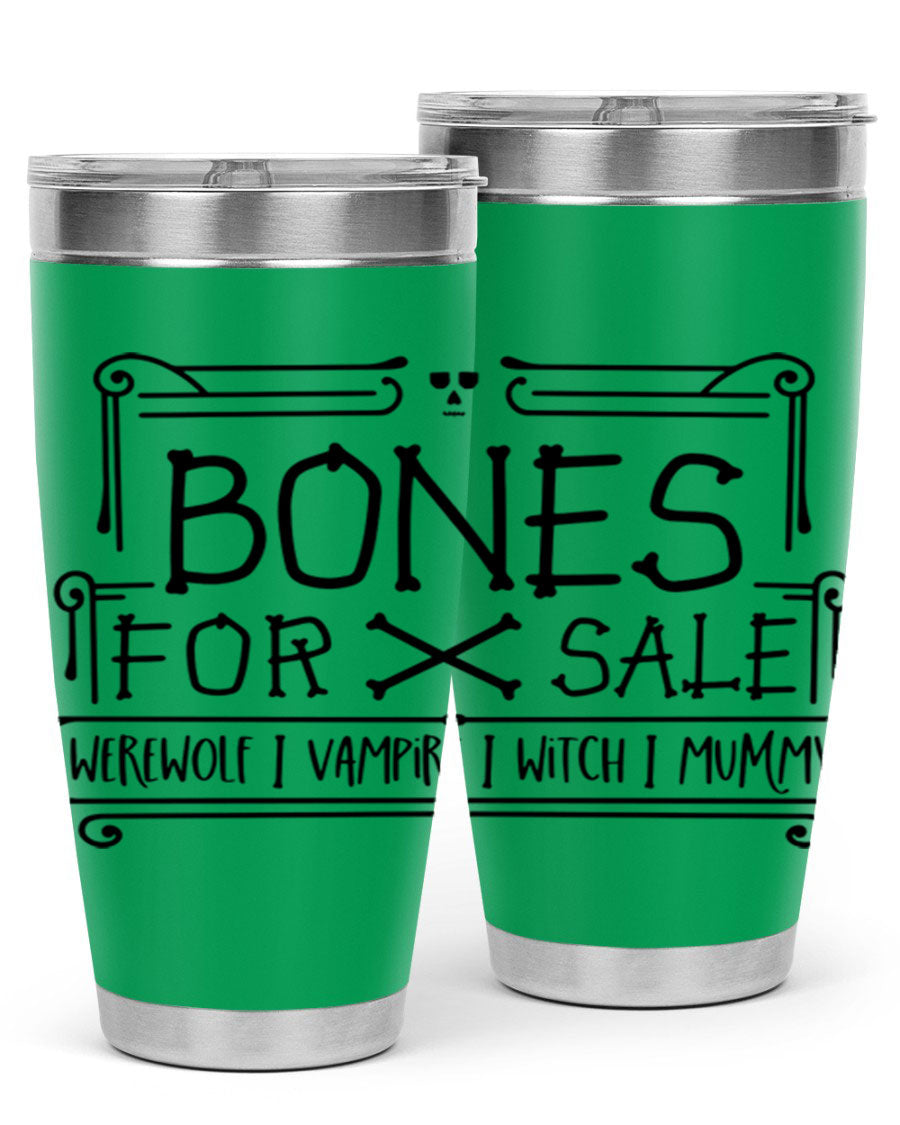 Bones for Sale 89# Halloween Tumbler featuring a spooky design, double wall vacuum stainless steel construction, and a drink-thru lid.