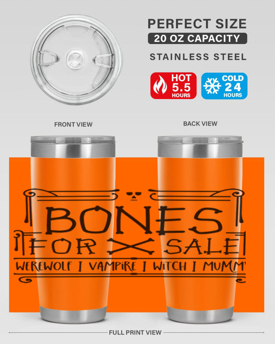 Bones for Sale 89# Halloween Tumbler featuring a spooky design, double wall vacuum stainless steel construction, and a drink-thru lid.