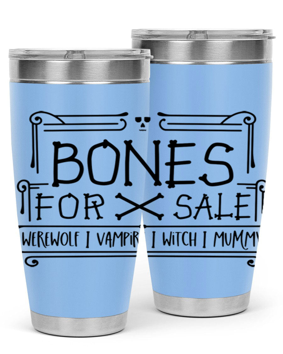 Bones for Sale 89# Halloween Tumbler featuring a spooky design, double wall vacuum stainless steel construction, and a drink-thru lid.