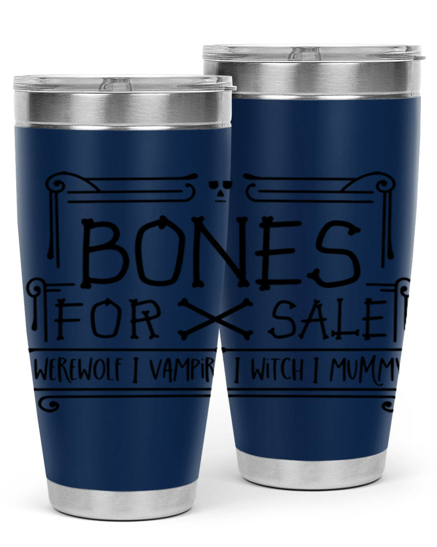 Bones for Sale 89# Halloween Tumbler featuring a spooky design, double wall vacuum stainless steel construction, and a drink-thru lid.