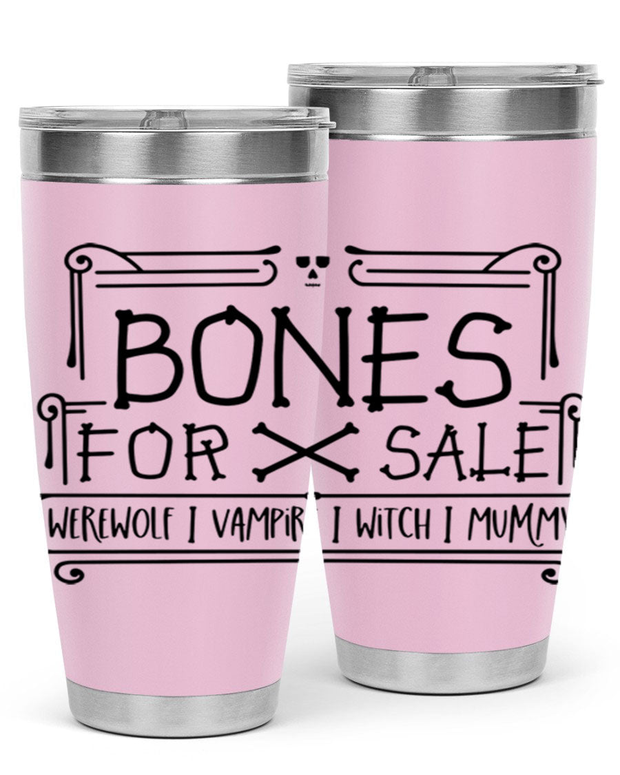 Bones for Sale 89# Halloween Tumbler featuring a spooky design, double wall vacuum stainless steel construction, and a drink-thru lid.