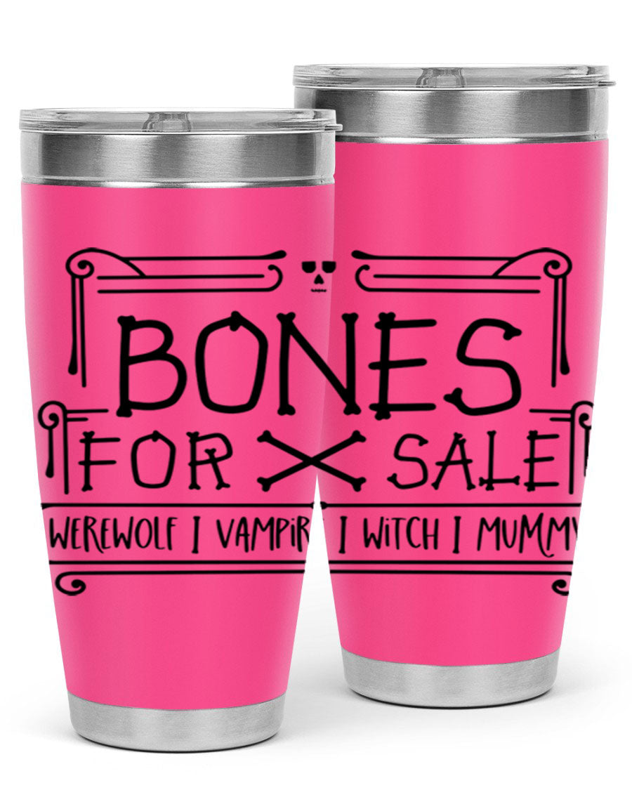 Bones for Sale 89# Halloween Tumbler featuring a spooky design, double wall vacuum stainless steel construction, and a drink-thru lid.