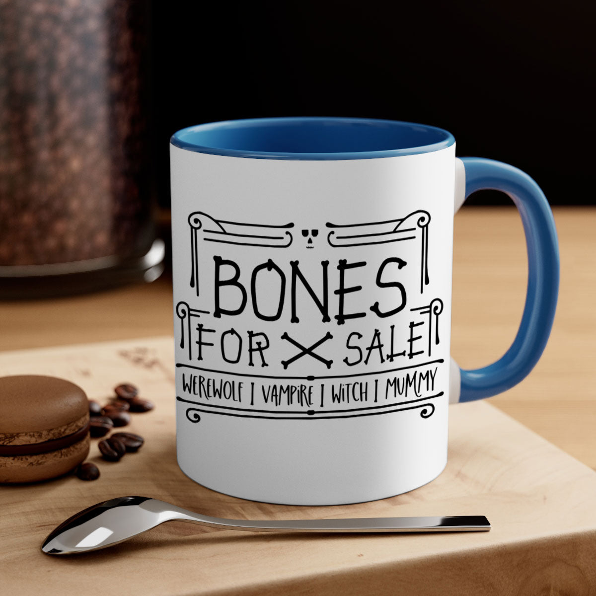 Bones for Sale 89# Halloween Mug with colorful handle and glossy finish, available in multiple sizes.