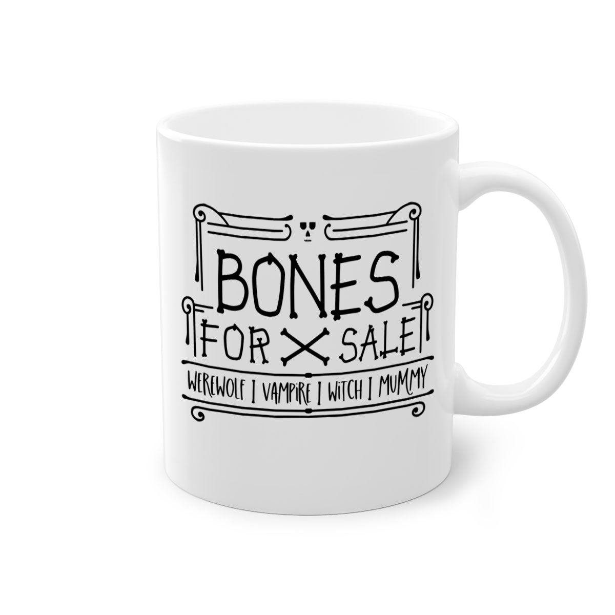 Bones for Sale 89# Halloween Mug with colorful handle and glossy finish, available in multiple sizes.