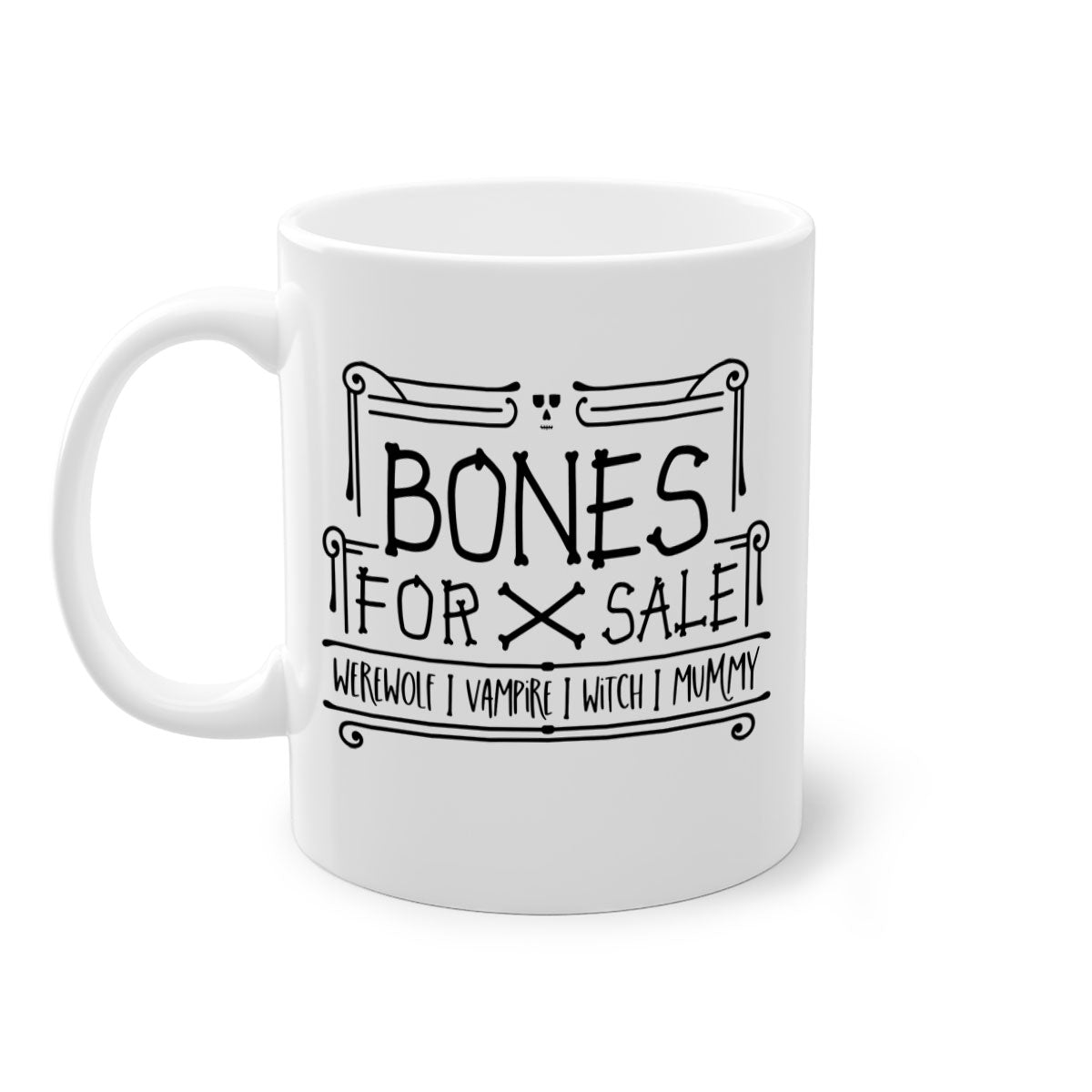 Bones for Sale 89# Halloween Mug with colorful handle and glossy finish, available in multiple sizes.