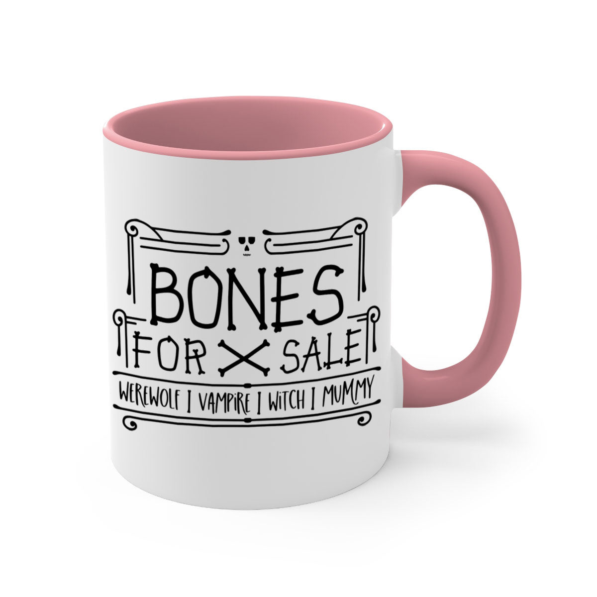 Bones for Sale 89# Halloween Mug with colorful handle and glossy finish, available in multiple sizes.