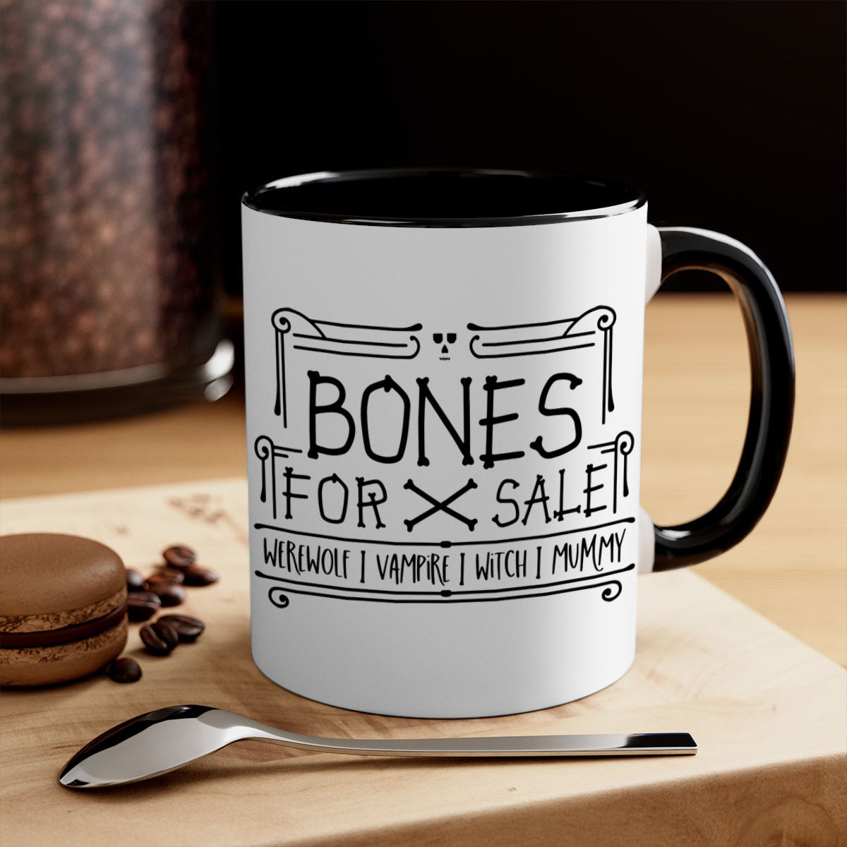 Bones for Sale 89# Halloween Mug with colorful handle and glossy finish, available in multiple sizes.