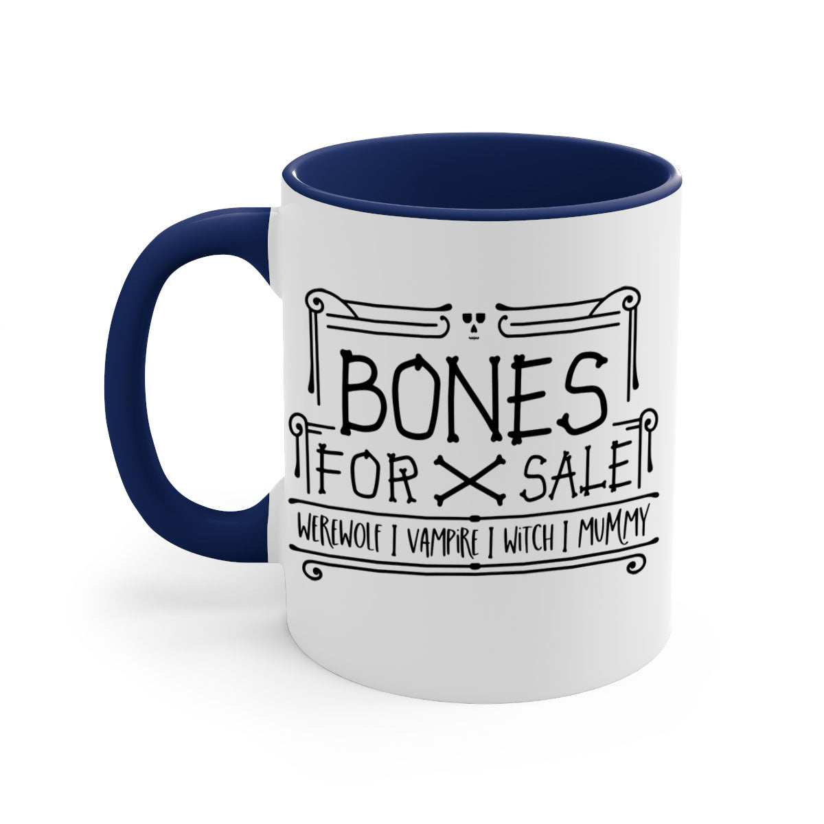 Bones for Sale 89# Halloween Mug with colorful handle and glossy finish, available in multiple sizes.