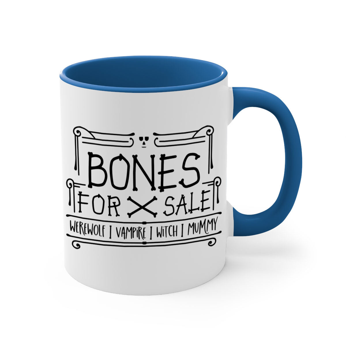 Bones for Sale 89# Halloween Mug with colorful handle and glossy finish, available in multiple sizes.