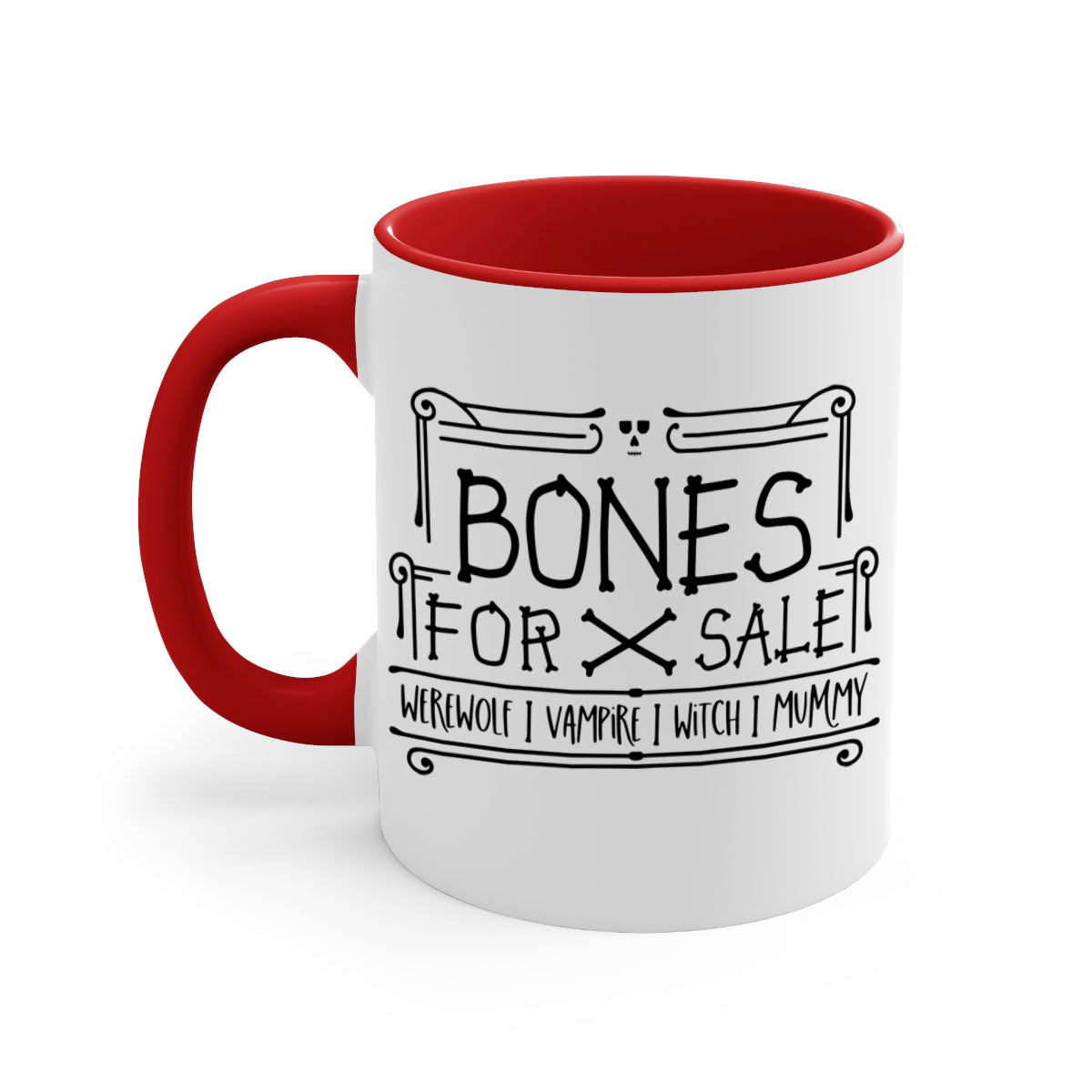 Bones for Sale 89# Halloween Mug with colorful handle and glossy finish, available in multiple sizes.