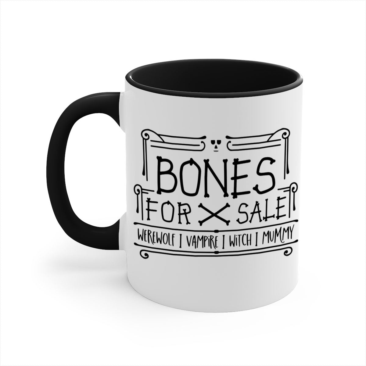 Bones for Sale 89# Halloween Mug with colorful handle and glossy finish, available in multiple sizes.