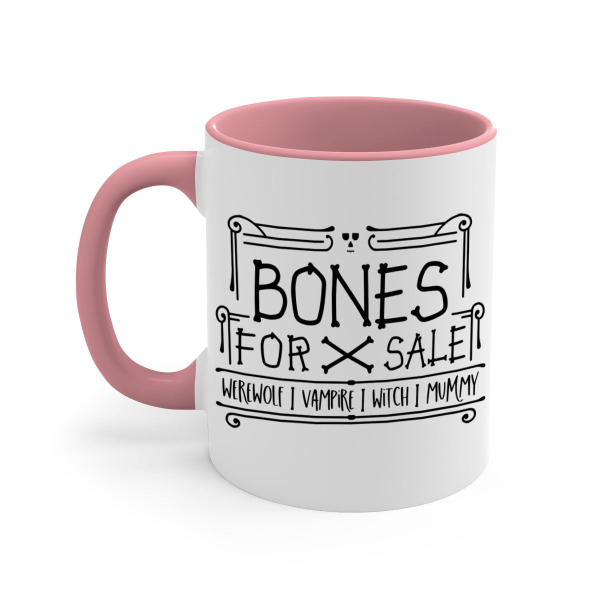 Bones for Sale 89# Halloween Mug with colorful handle and glossy finish, available in multiple sizes.