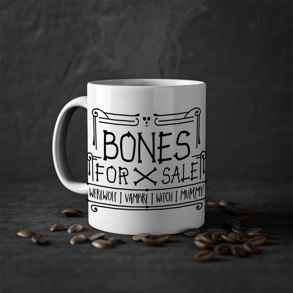 Bones for Sale 89# Halloween Mug with colorful handle and glossy finish, available in multiple sizes.