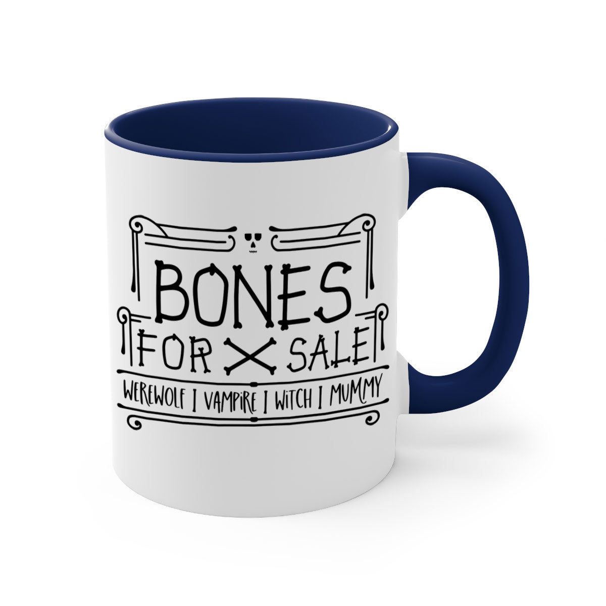 Bones for Sale 89# Halloween Mug with colorful handle and glossy finish, available in multiple sizes.