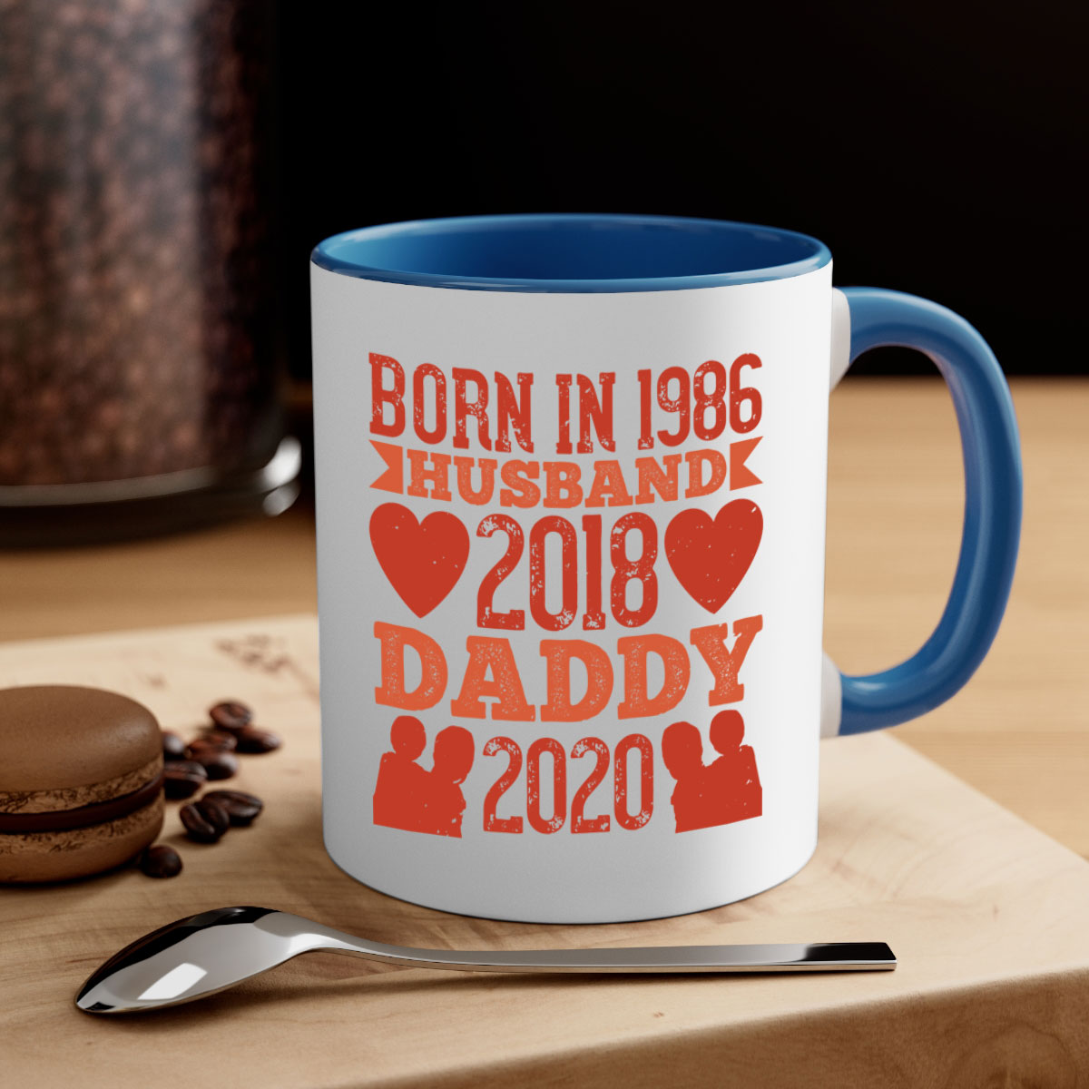 Two-tone 'Born in Husband Daddy' mug with colored handle and glossy finish, available in five colors.