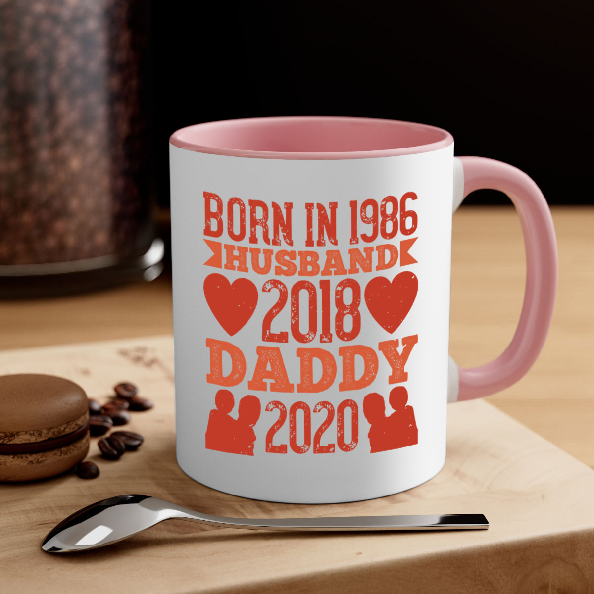 Two-tone 'Born in Husband Daddy' mug with colored handle and glossy finish, available in five colors.