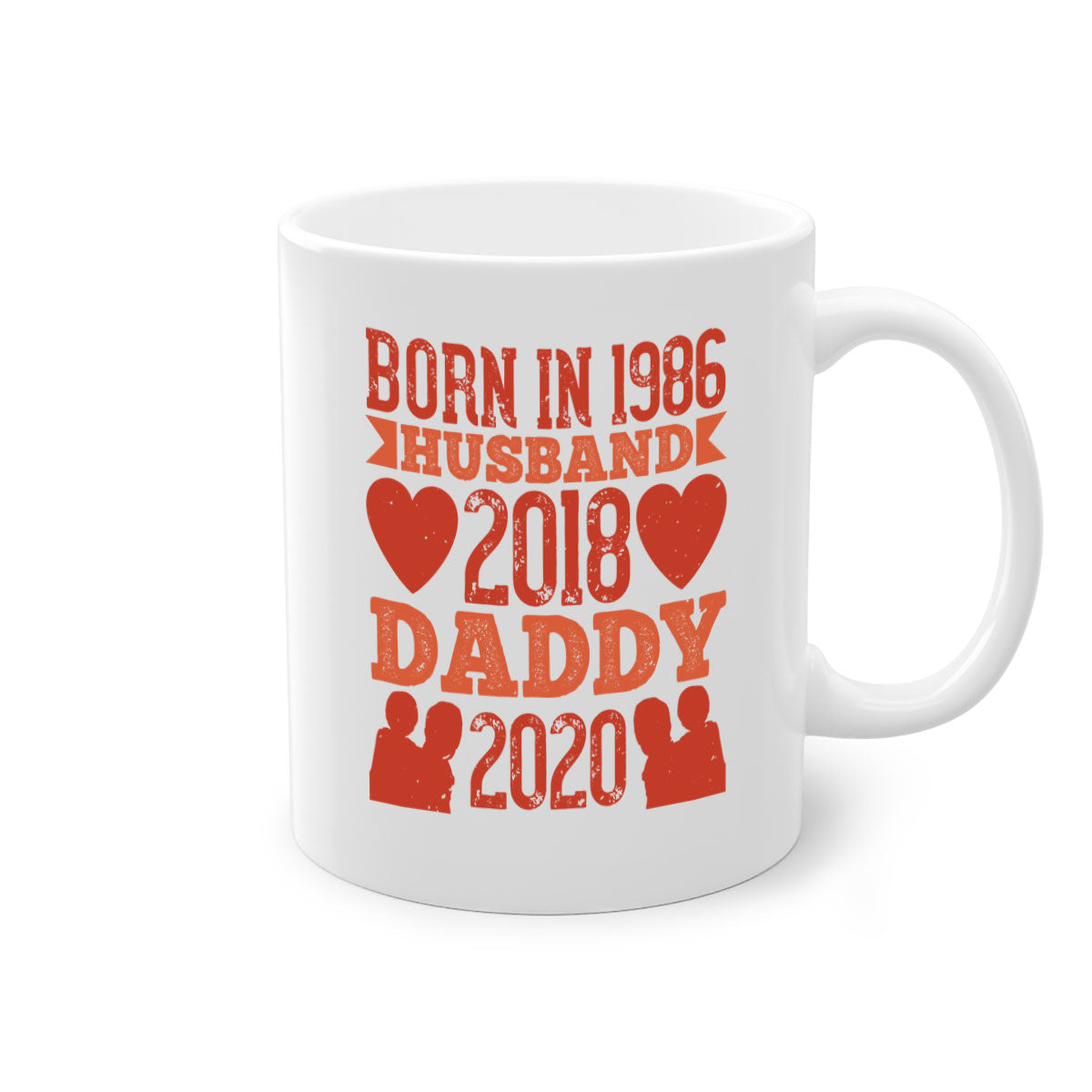 Two-tone 'Born in Husband Daddy' mug with colored handle and glossy finish, available in five colors.